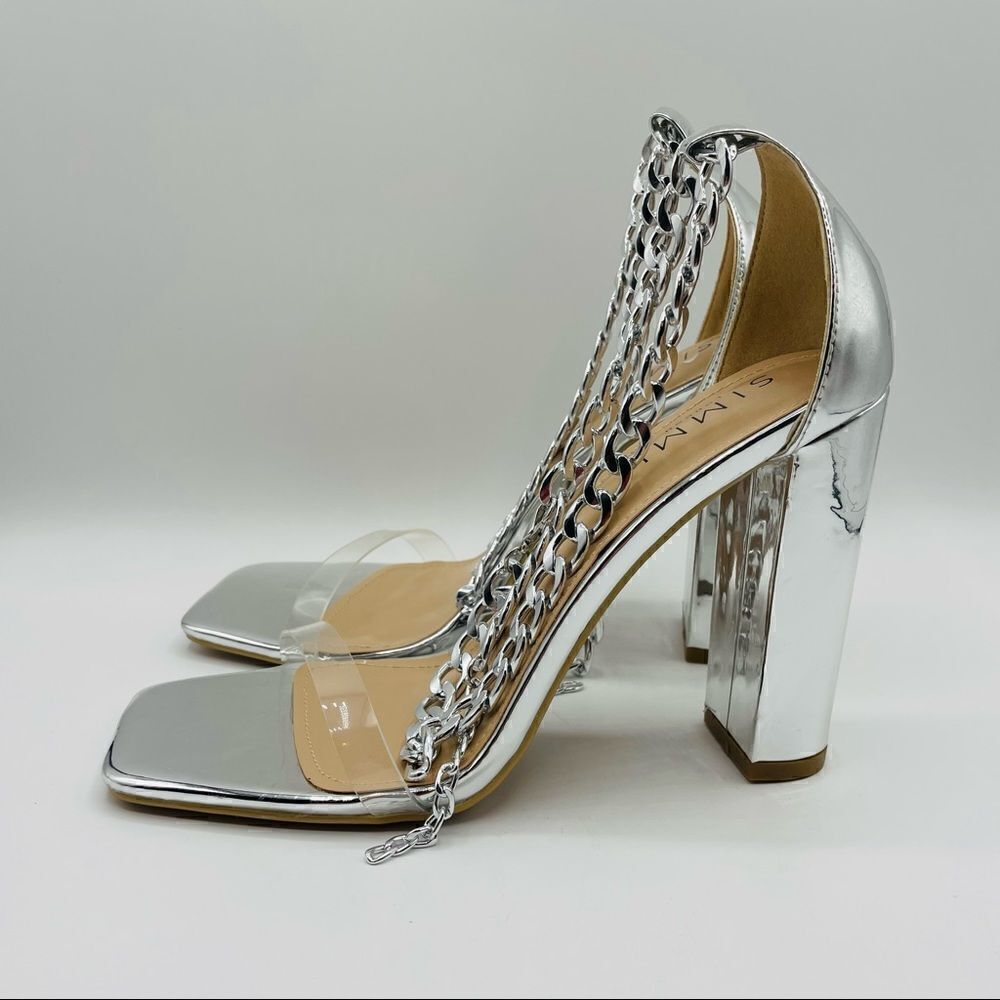 Simmons London Heera-3 Metallic Silver Ankle Chain Heels NWT